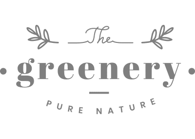 A green background with the word " greenery " in black.