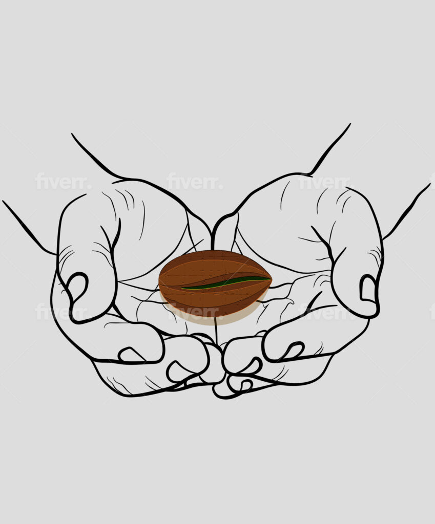 A person holding an open hand with a coffee bean in it.